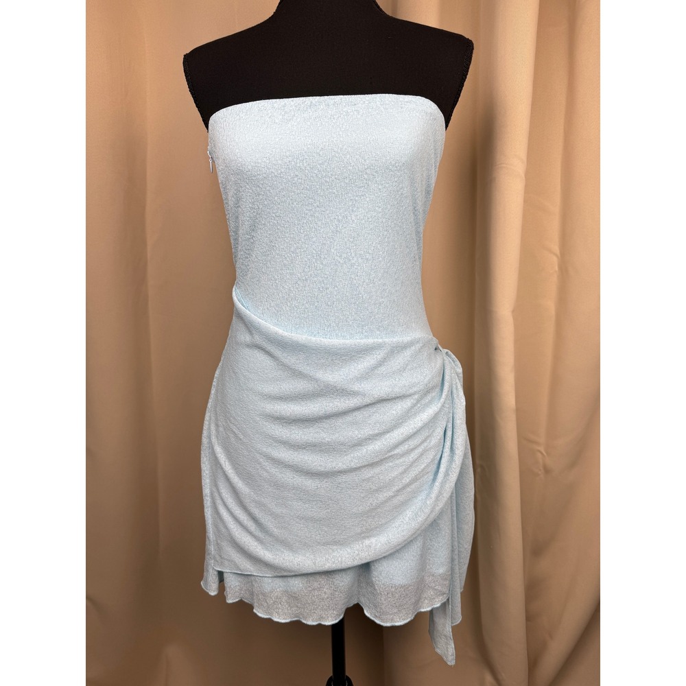 NWT Hello Molly Island Horizon Strapless Faux Wrap Draped Mini Dress Sky Blue L